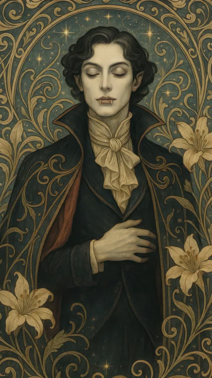 A vintage-style portrait of a vampire with ornate floral patterns, captured from a frontal angle