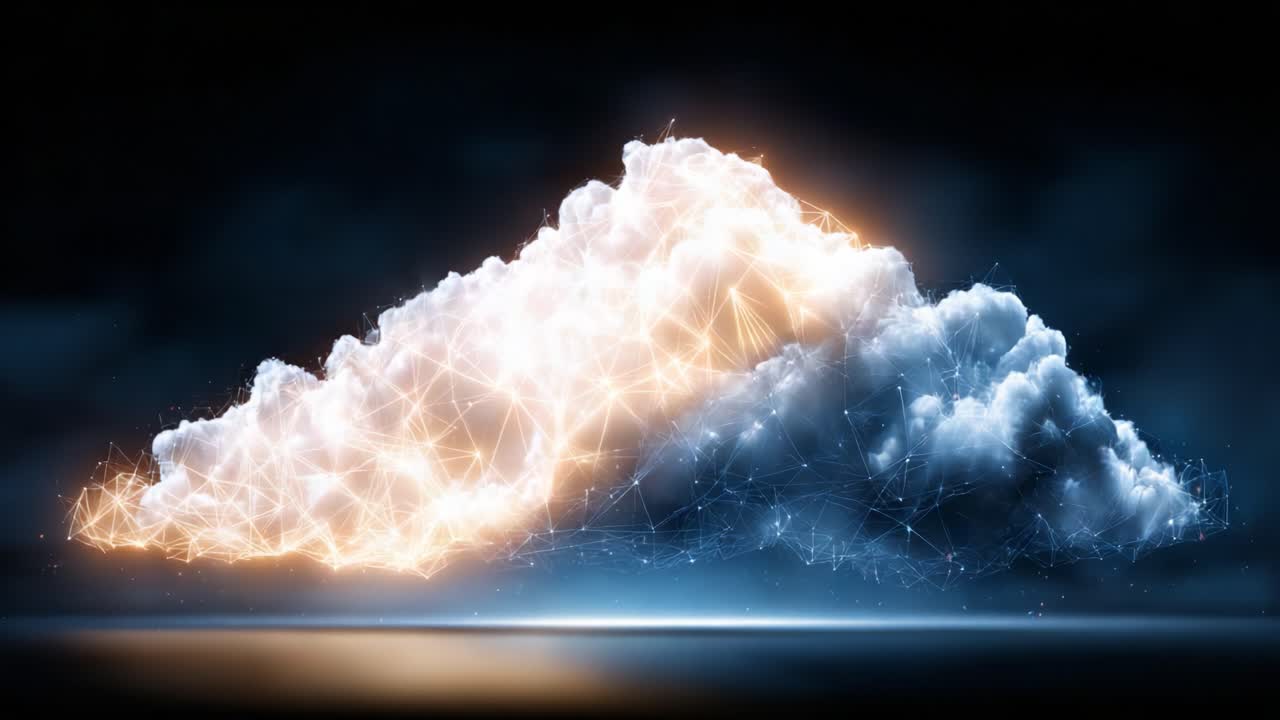 A stunning visual representation of a luminous cloud, intricately designed with glowing connections that illustrate the beauty of digital art and creative technology in modern design