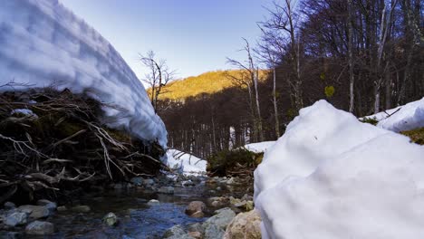 Timelapse-Del-Arroyo-Teno-Que-Fluye-Entre-Rocas-Y-Arbustos-Nevados-Durante-La-Puesta-De-Sol-En-El-Cerro-Hielo-Azul,-El-Bolsón,-Patagonia-Argentina