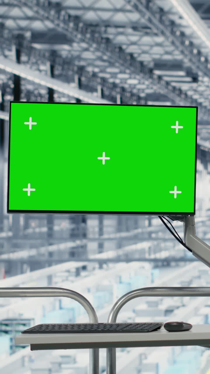 Vertical video Green screen monitor used by businesspeople monitoring semiconductor production