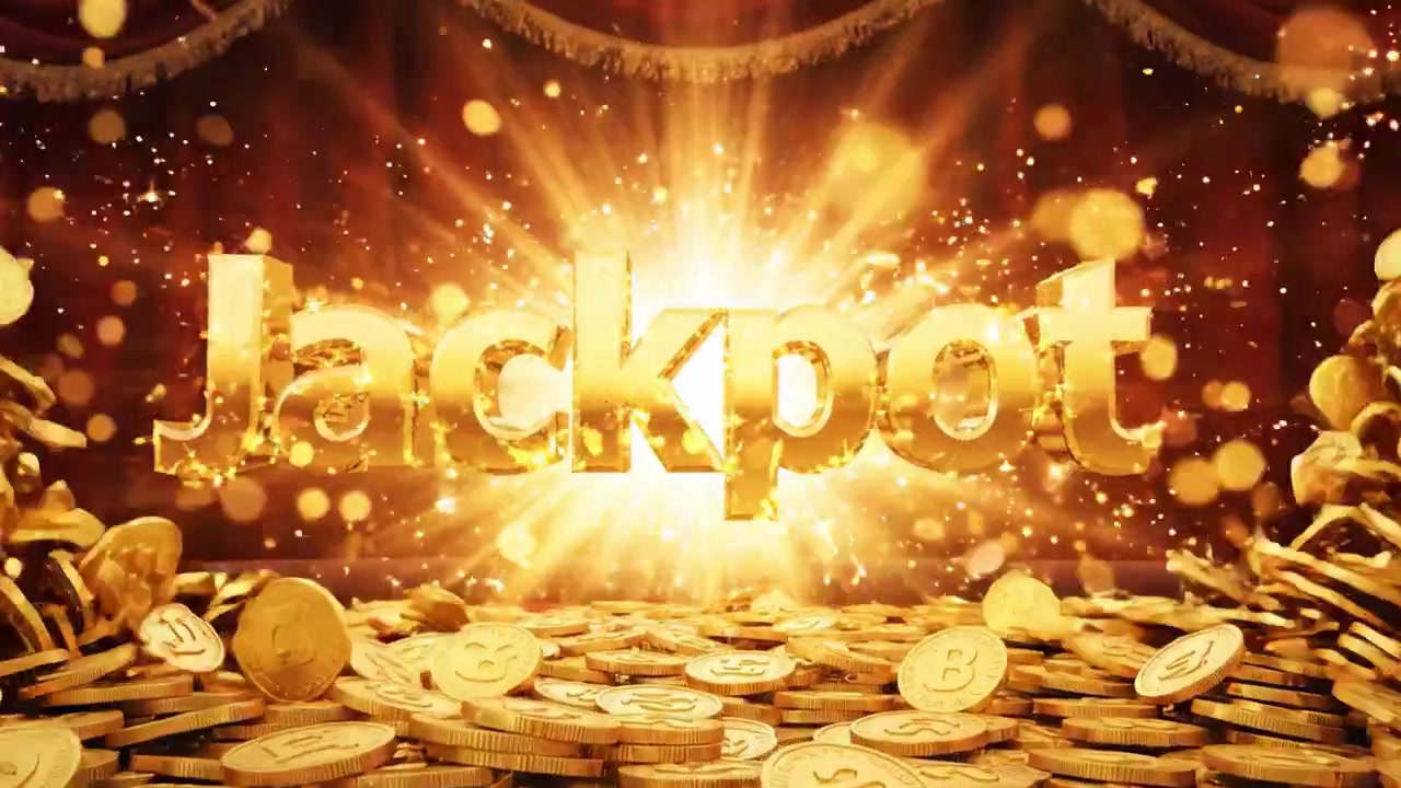 การแสดงเหรียญทองและประกายไฟอันตระการตาที่ส่องสว่างคำว่า 'Jackpot' เฉลิมฉลองช่วงเวลาแห่งชัยชนะในบรรยากาศที่สดใสและรื่นเริง