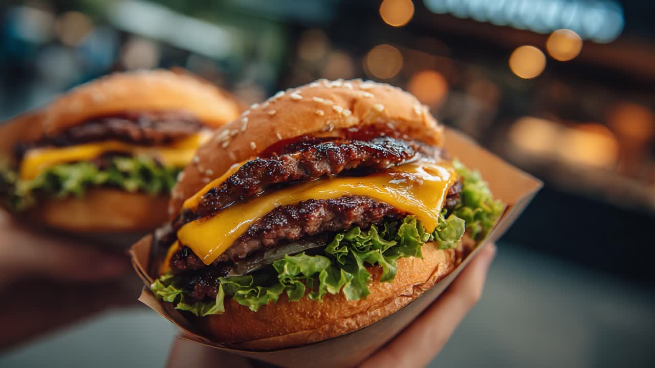 Delicious Gourmet Double Cheeseburgers with Melting Cheddar and Fresh Lettuce Served in Rustic Buns Ready to Satisfy Any Hunger Craving at Food Stalls