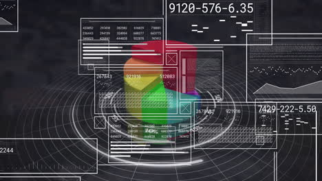 animación de la interfaz con procesamiento de datos y gráfico circular 3d contra un fondo gris texturizado