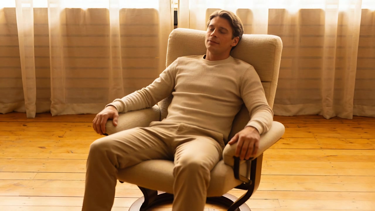 Shifting weight, man in sweater khaki pants reclining into swivel recliner at home seeking rest