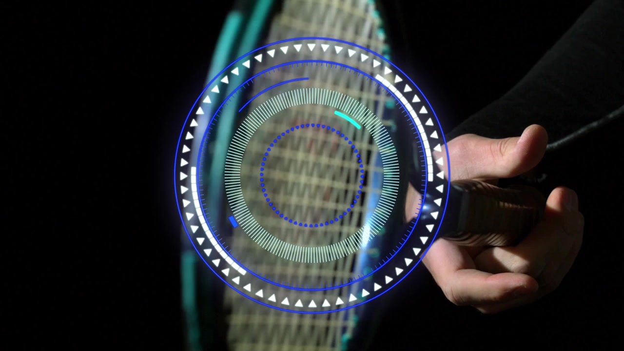 Tennis Racket with Futuristic Digital HUD Overlay