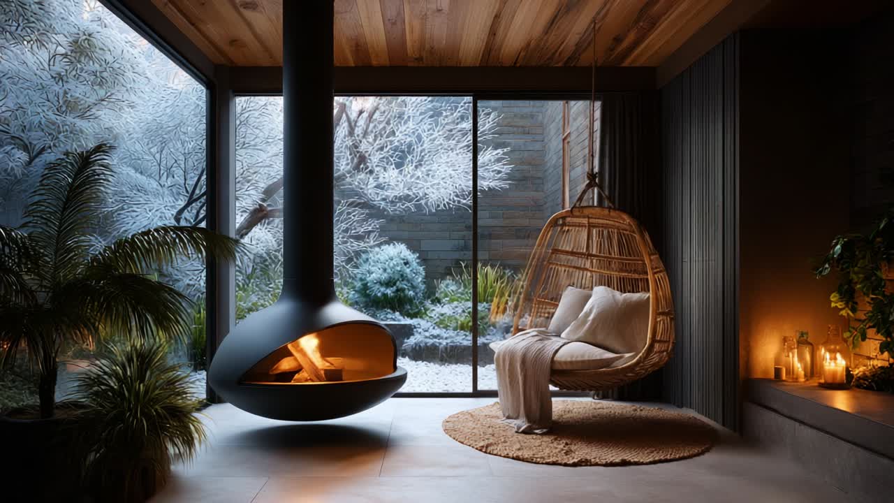 A Cozy Winter Retreat: Embrace Warmth and Serenity with a Modern Fireplace, Plush Hanging Chair, and Nature-Inspired Interior Decor Surrounded by a Winter Wonderland of Frosty Foliage