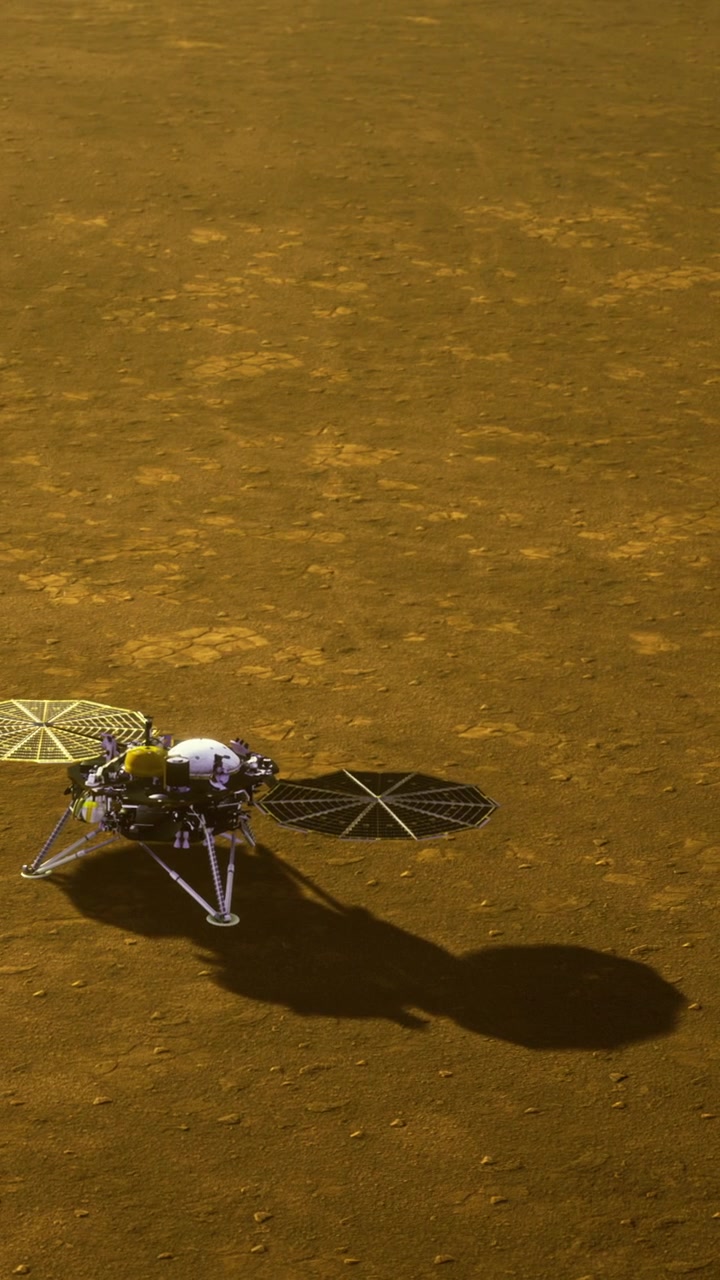 Mars lander explores surface and collects data in the evening light of mars