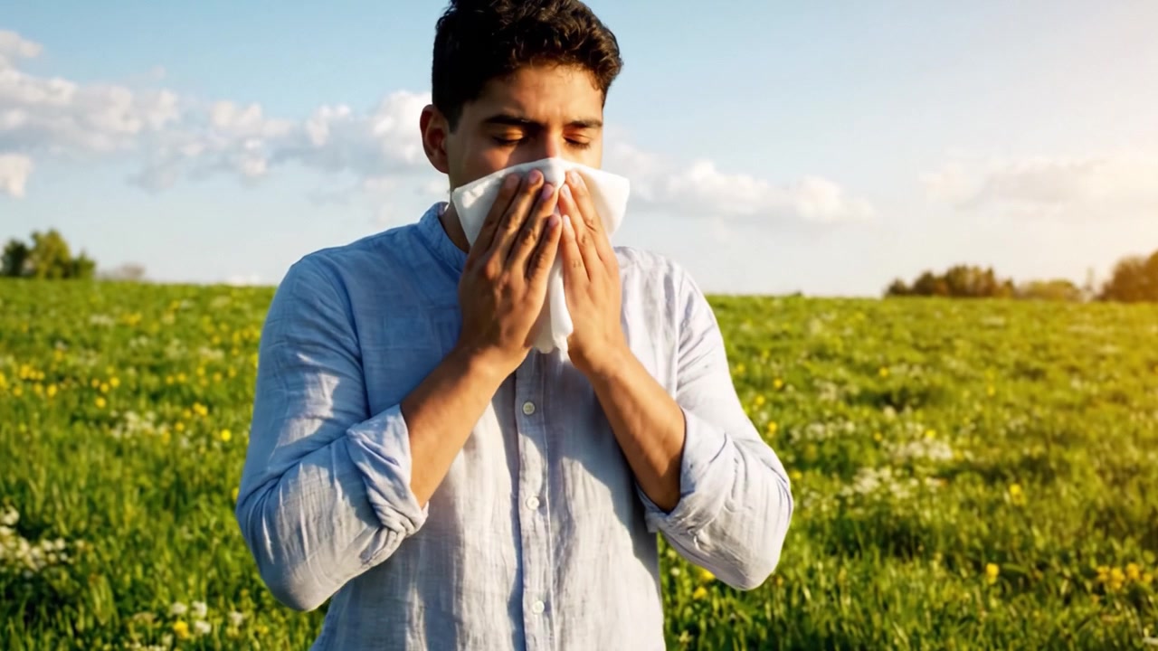 Un giovane uomo in piedi in un campo illuminato dal sole, che sperimenta l'abbondanza della natura con un'espressione calma - Uno scorcio di serenità in un ambiente verde vibrante