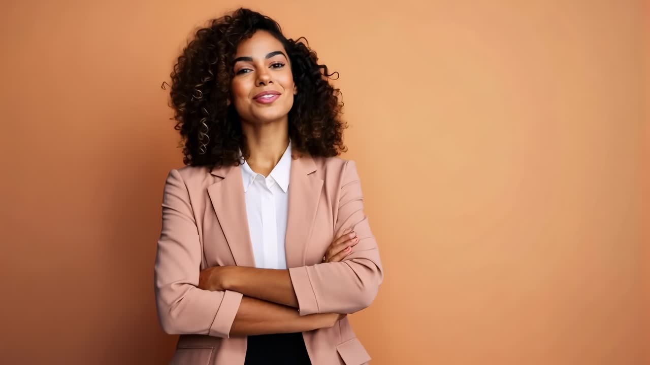 Confident woman in a blazer smiles with arms crossed, shot from a straight-on angle