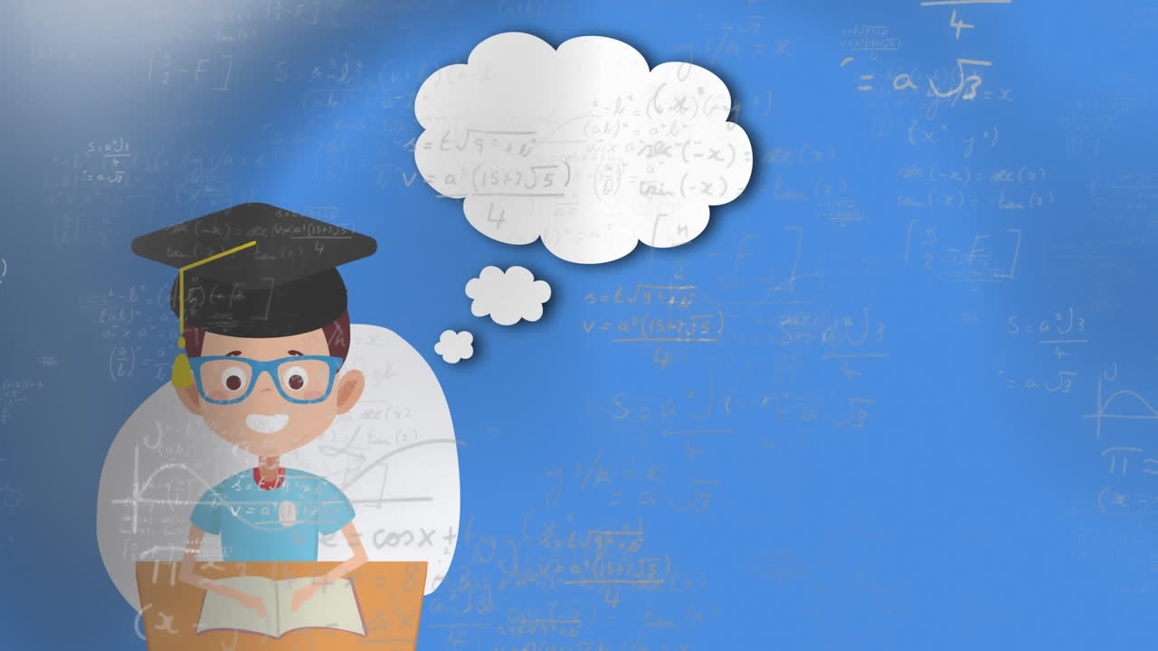 Animasi rumus dan gambar matematika di atas siswa laki-laki.
