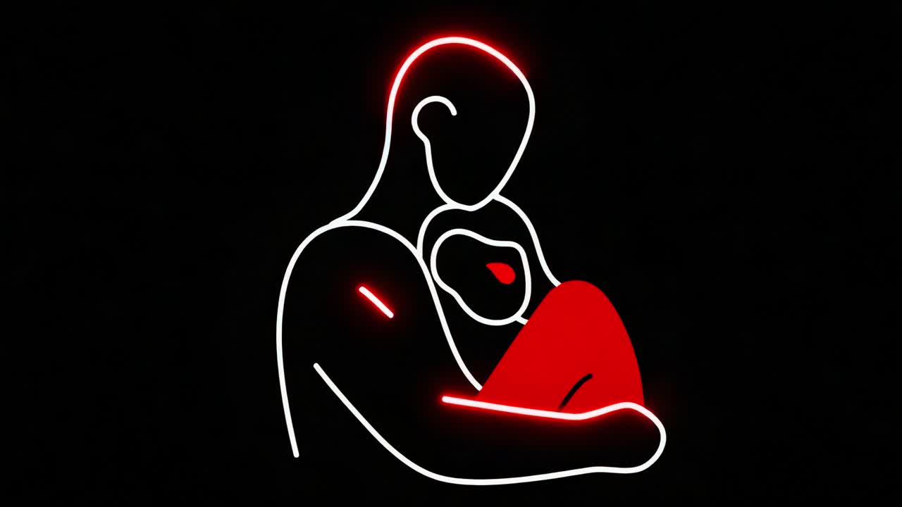 An Artistic Representation of Tenderness: A Neon Outline Illustrating the Intimate Embrace Between a Parent and Child, Capturing the Essence of Love and Connection Through Simple yet Powerful Imagery