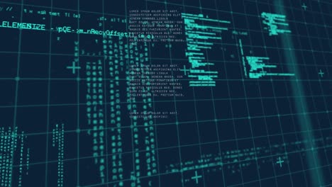 animación de puntos rojos brillantes que se mueven a través de la interfaz con rejilla verde y procesamiento de datos