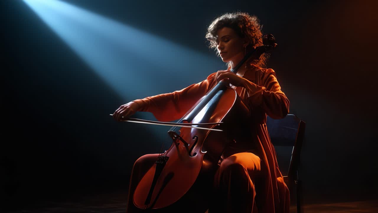 Talentovaný hudebník upoutává pozornost publika hrou na violoncello v jemném, dramatickém osvětlení, čímž předvádí krásu umění a výrazu.