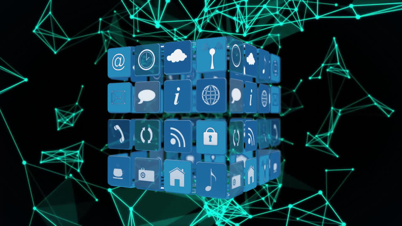 animación de iconos en cubo 3d sobre puntos conectados que forman formas geométricas contra un fondo negro