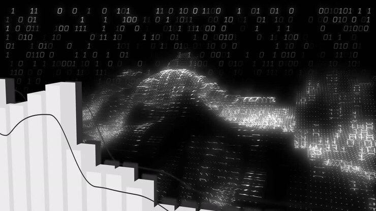 Animation of financial data processing and binary coding over black background