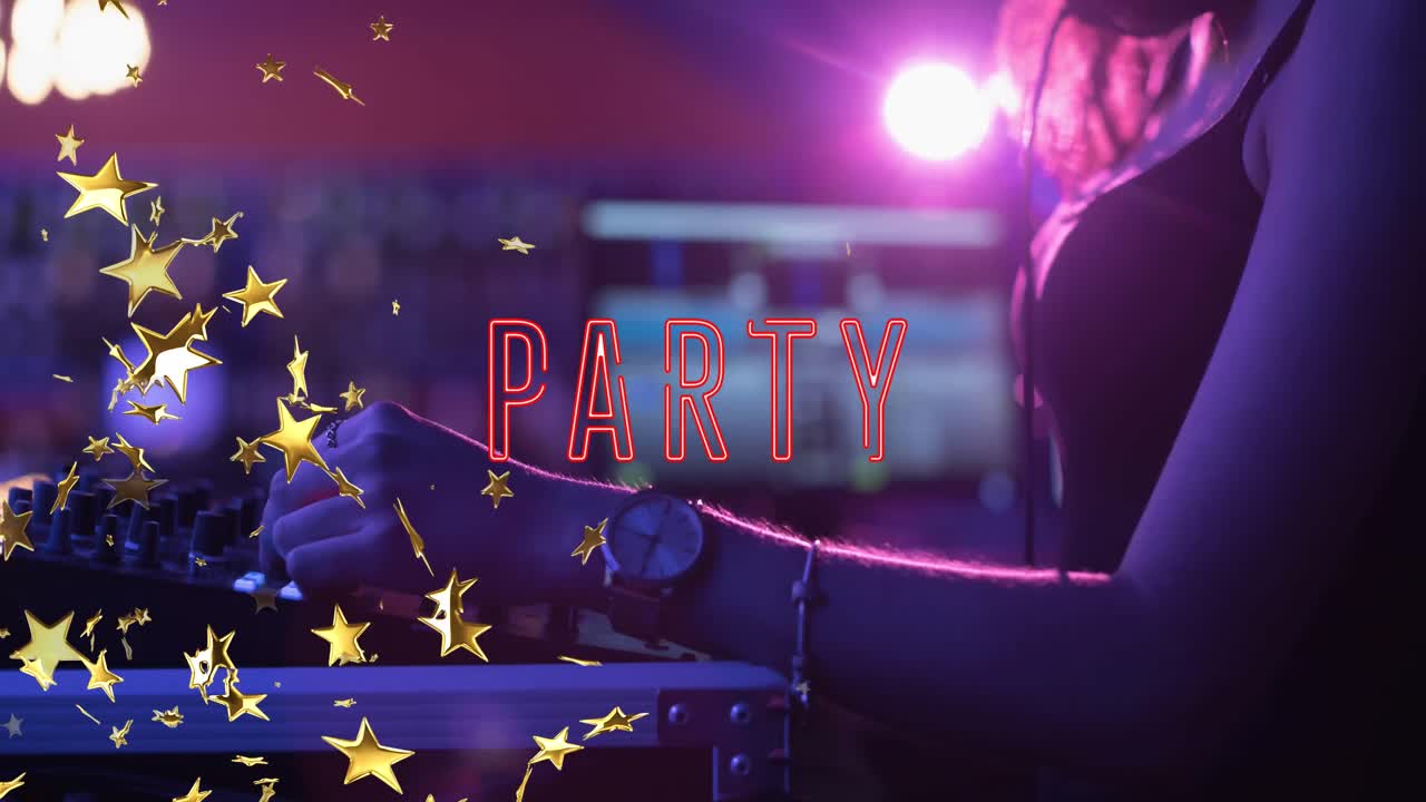 스타와 백인 여성 dj에 대한 파티 텍스트의 애니메이션