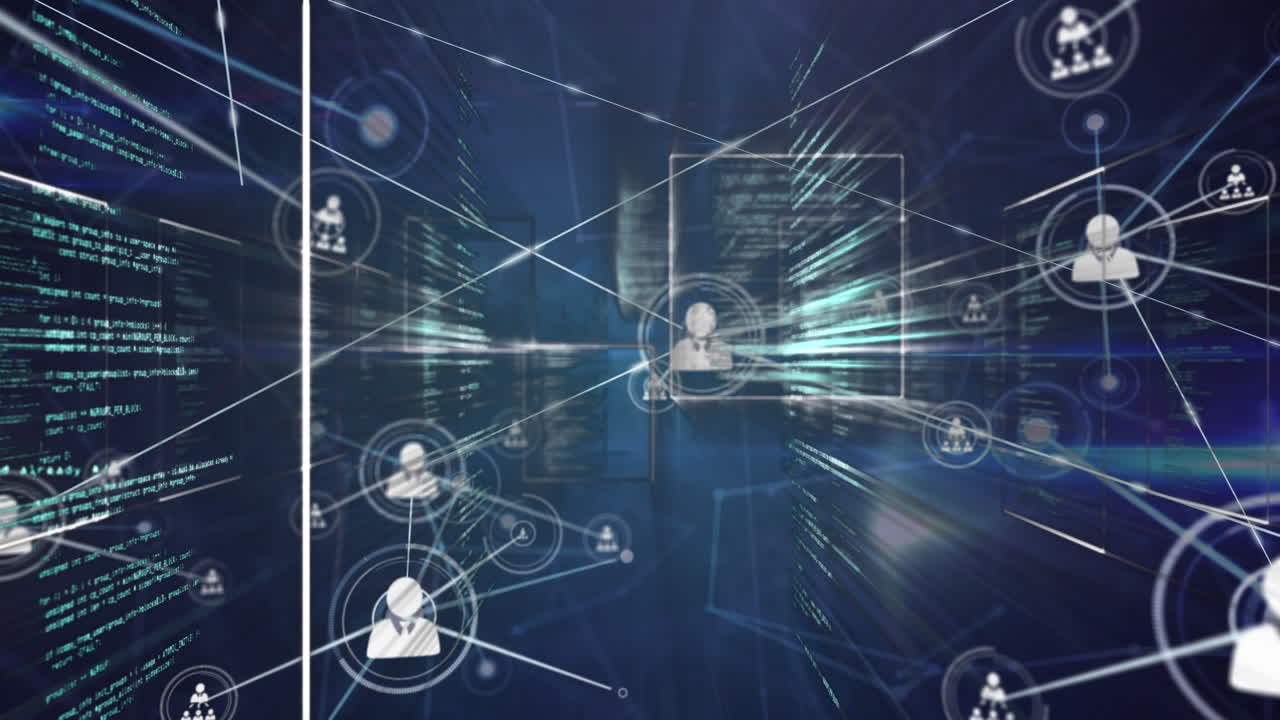 Animation of digital lines connecting people icons over programming database