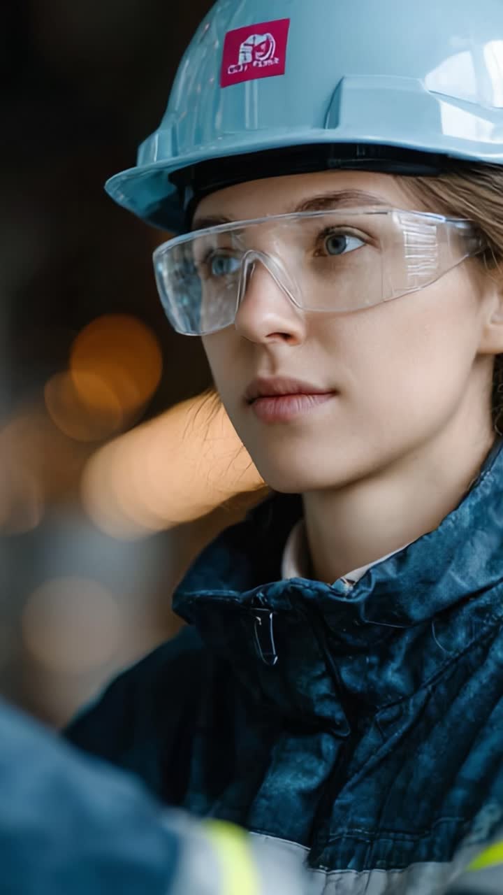 Un'ingegnera specializzata, attenta alla sicurezza e alla precisione, che indossa dispositivi di protezione in un ambiente professionale, pronta ad affrontare le sfide nel suo settore