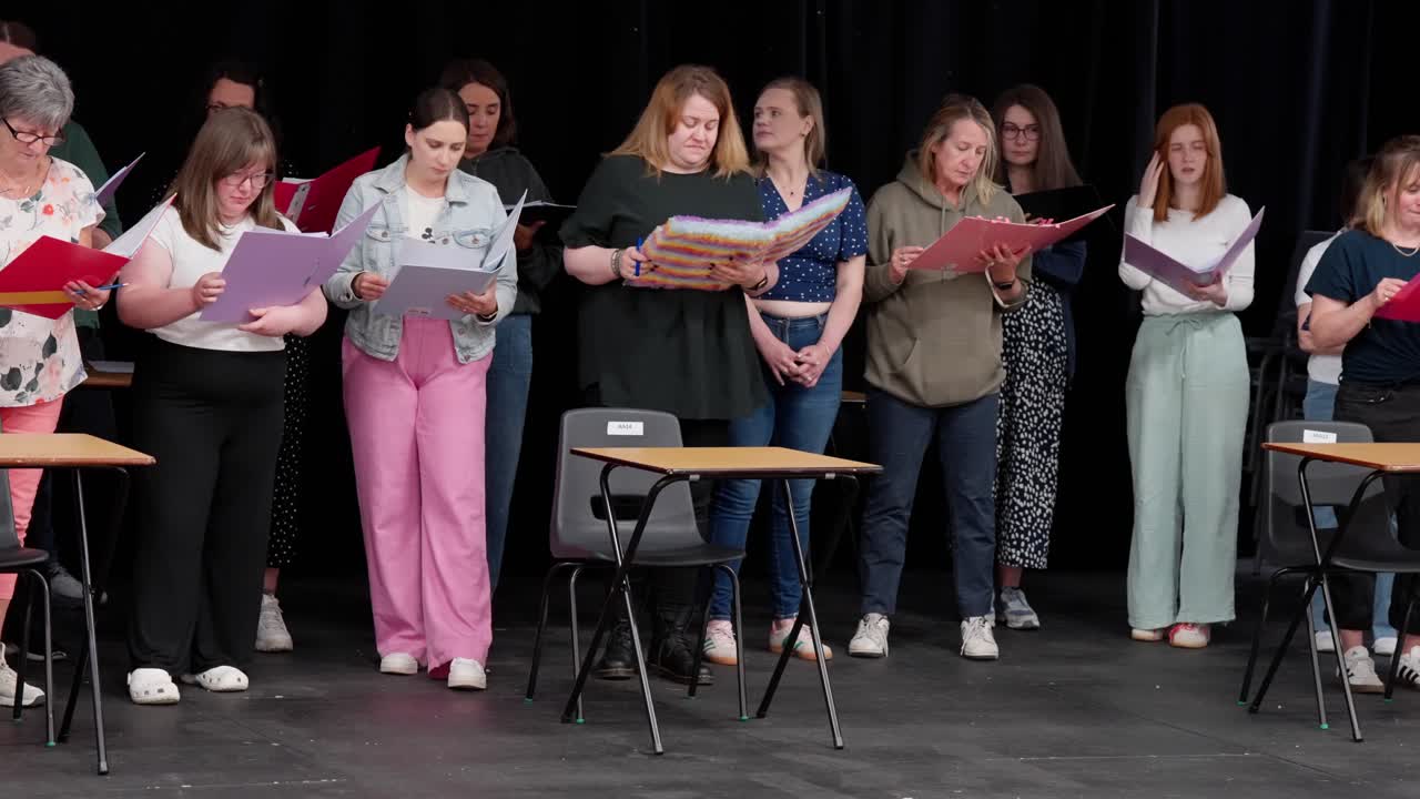 Theatre group learning reading script lines, slow panning right view