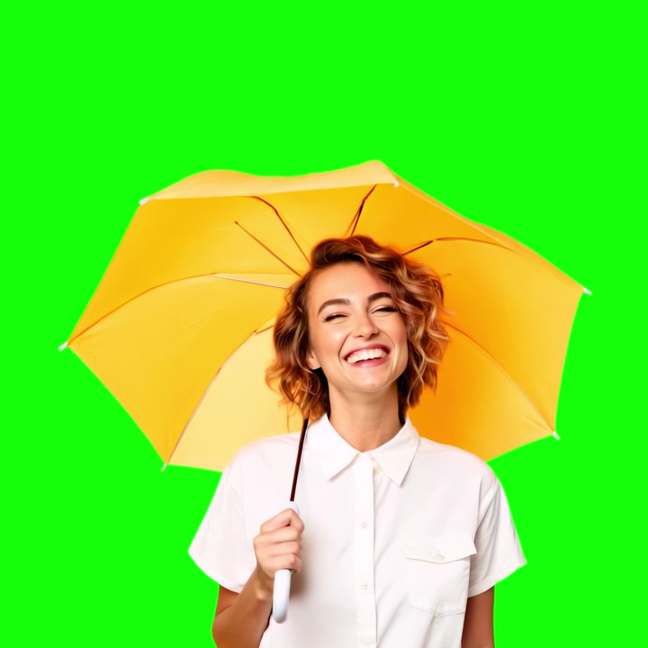 Giovane donna allegra che tiene un ombrello giallo su schermo verde