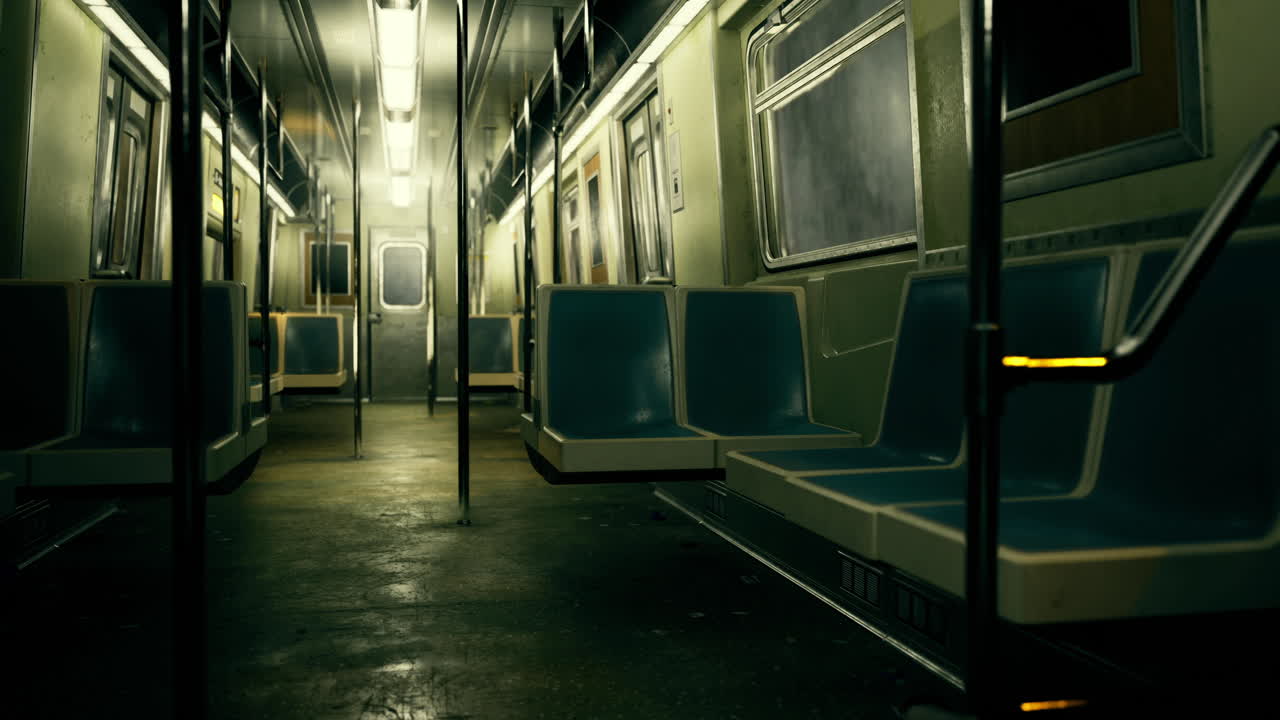 Empty subway car with blue seats during quiet late night hours