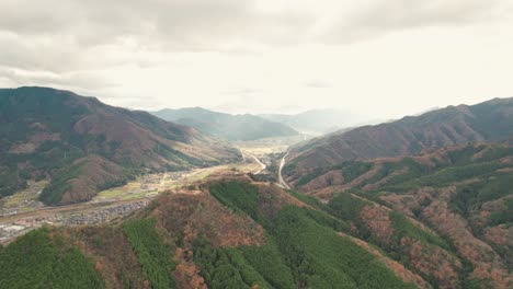 Natural-Landscape-in-Japanese-Mountains-Panoramic-Valley-with-Silver-Skyline-Aerial-Drone-Shot-in-Hyogo-Asago,-Takeda-Castle-Ruins