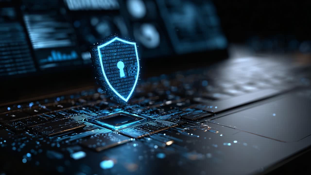 Digital Security Visualization: A High-Tech Shield Displayed Over a Laptop Keyboard, Emphasizing Cybersecurity and Data Protection in a Modern Digital Environment
