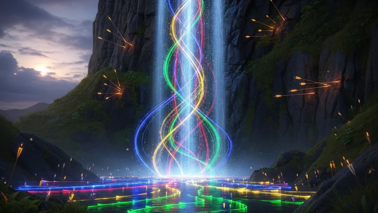 Ethereal Waterfall Illuminated by Vibrant Light Trails, Creating a Captivating Scene of Nature and Fantasy in Perfect Harmony with Surrounding Landscape
