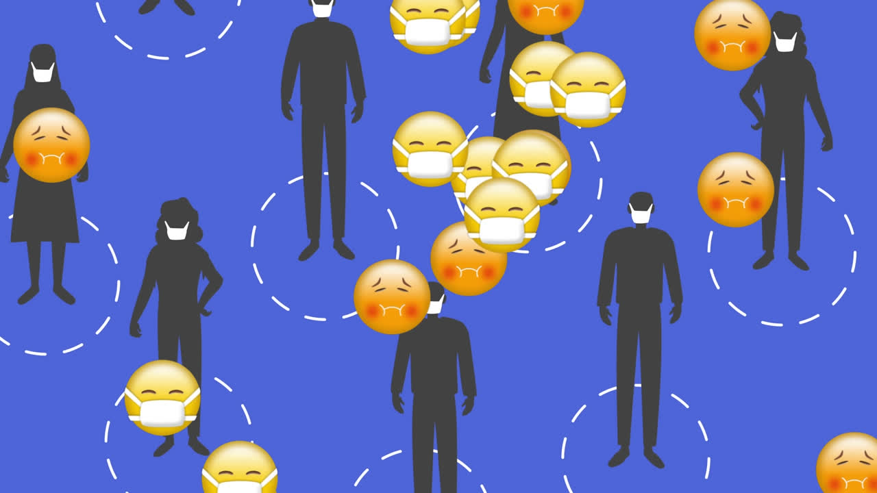Multiple face emojis falling over silhouette of people maintaining social distancing icons