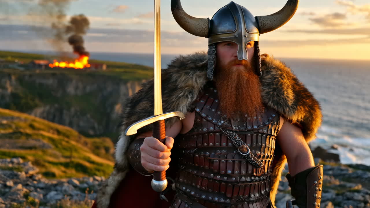 Viking warrior with sword in coastal landscape