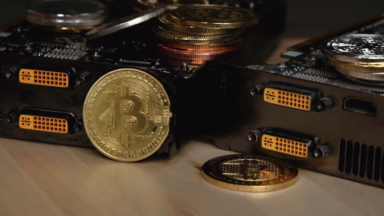 Golden and silver bitcoin crypto money with old dollar coins, close up, graphic video card mining