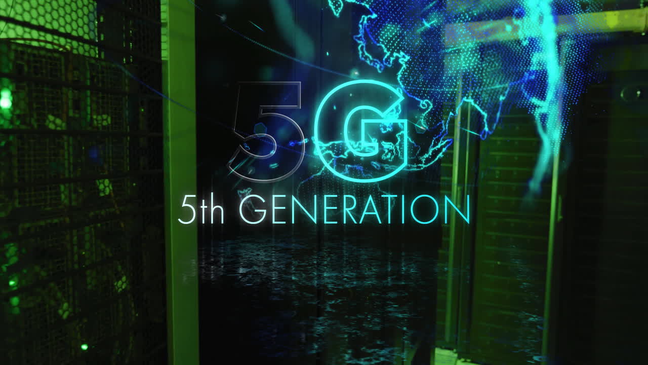 Animace 5G páté generace a digitální zpracování dat s glóbem nad počítačovými servery.