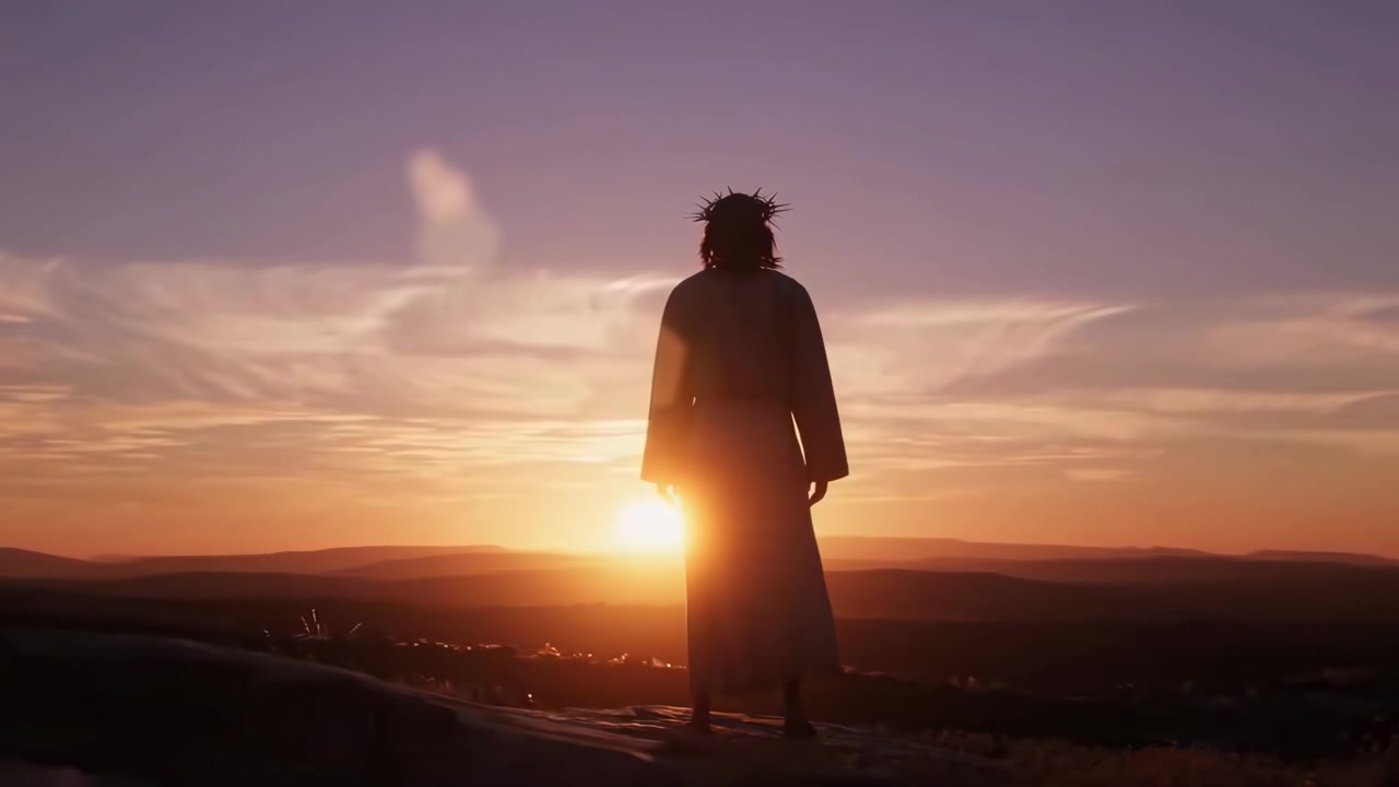 Sagoma di Gesù Cristo sulla cima di una collina al tramonto con la corona di spine.