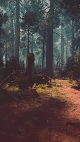 la luz del sol filtrándose a través de los árboles en un bosque de niebla