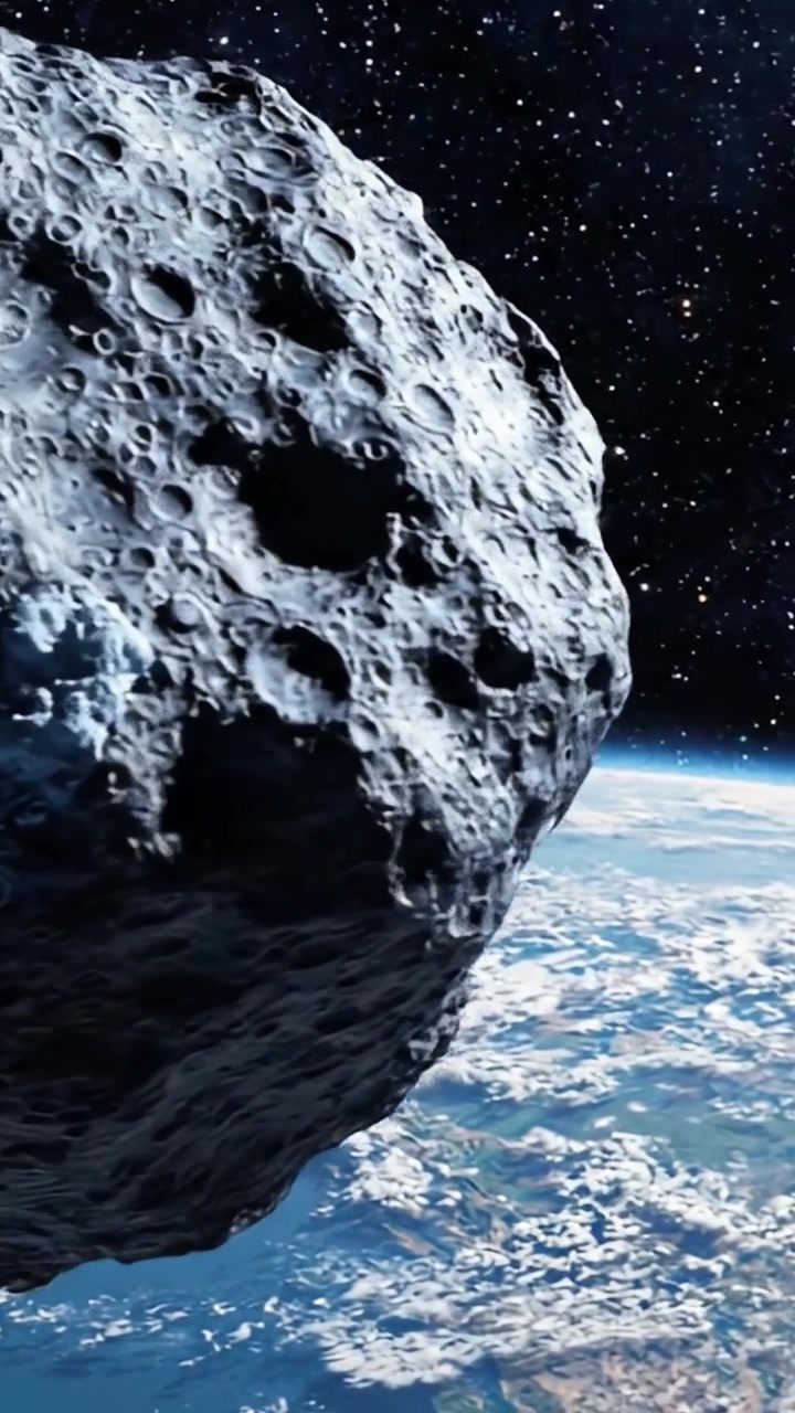 Uno sbalorditivo incontro celeste: un asteroide si avvicina alla Terra su uno sfondo di stelle e il pianeta blu sottostante.