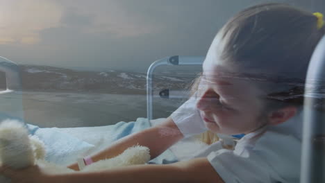 girl in hospital bed watching animation with serene landscape through window