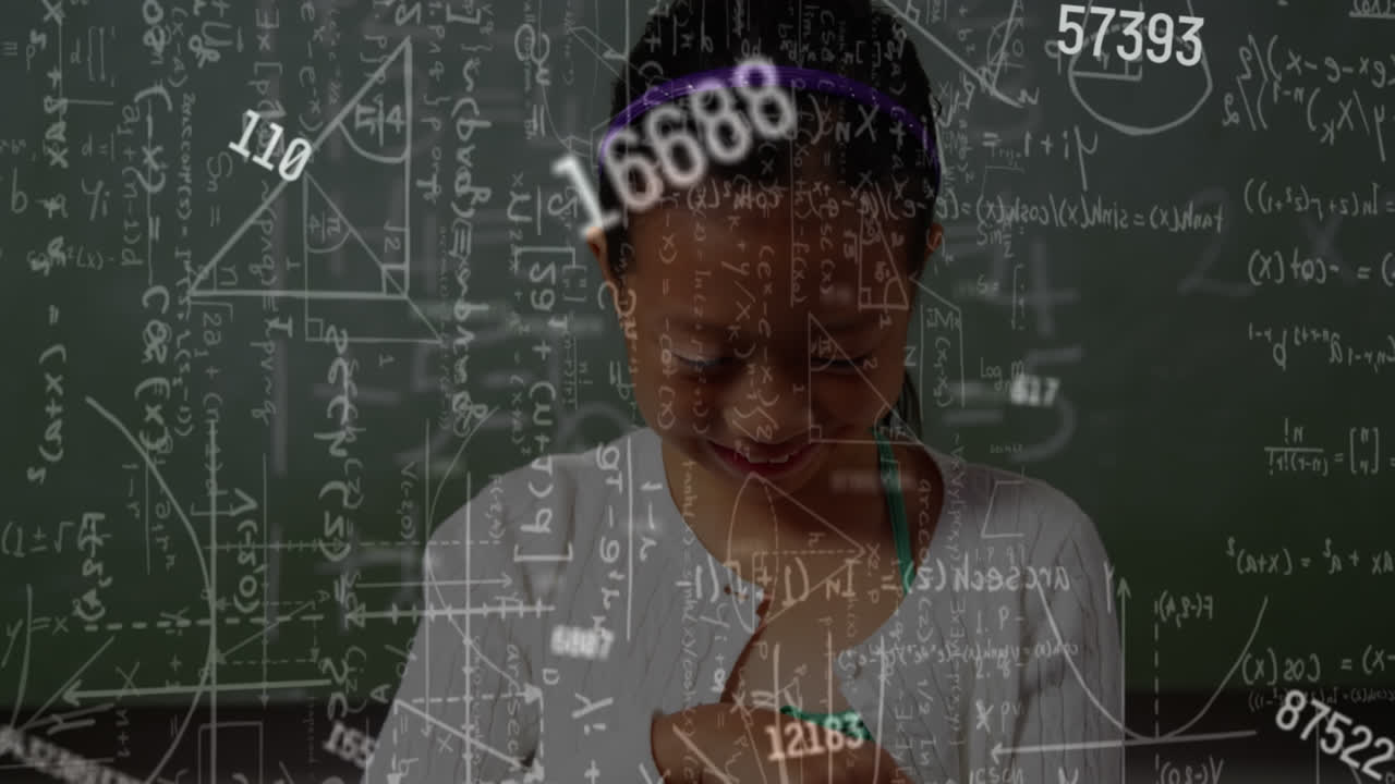 Animation of moving math formulas and data processing over girl using tablet