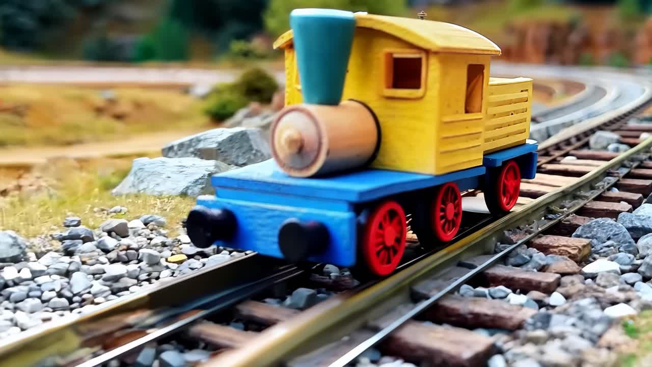 A toy train is on a track with a yellow and blue caboose. The train is small and made of wood