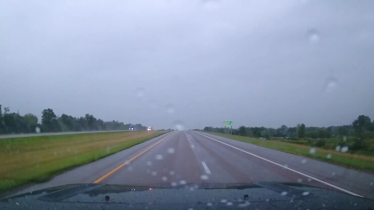 driving down hwy on rainy day