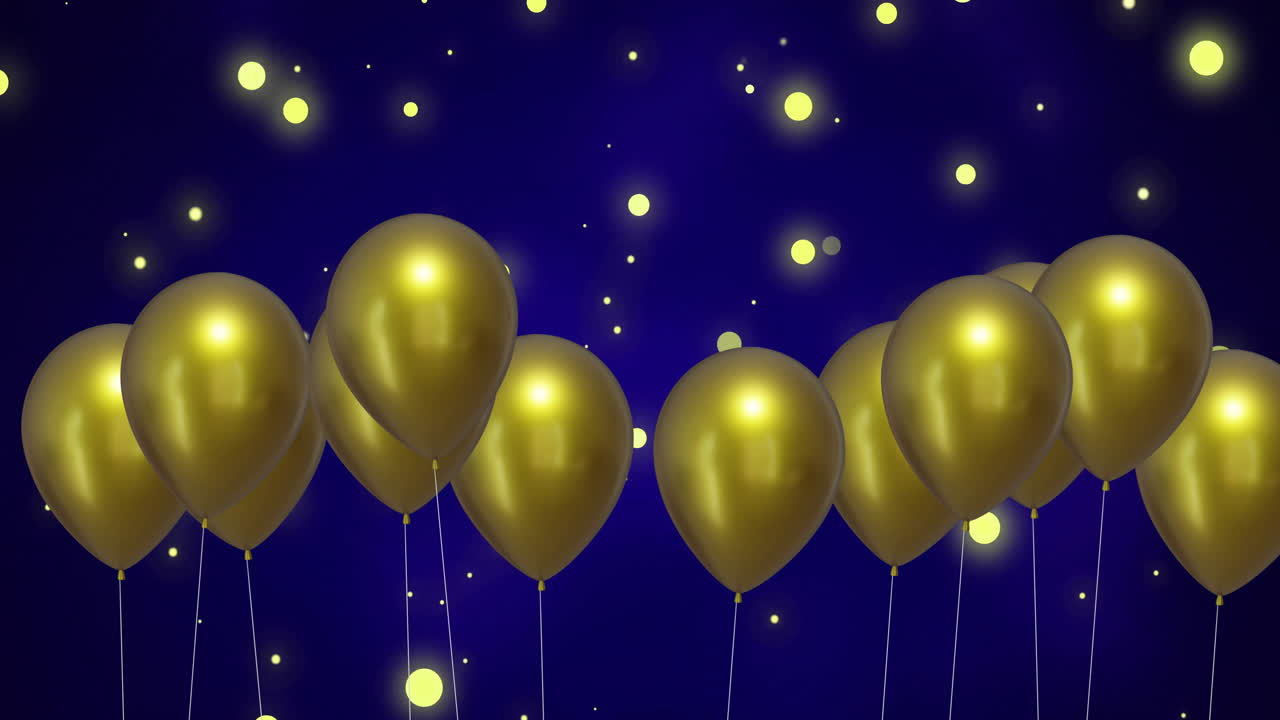 animación de globos dorados con luces brillantes sobre un fondo azul
