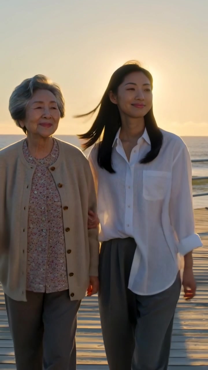 縦型動画：夕暮れのボードウォークを腕を組んで歩く母娘、杖と白いシャツ