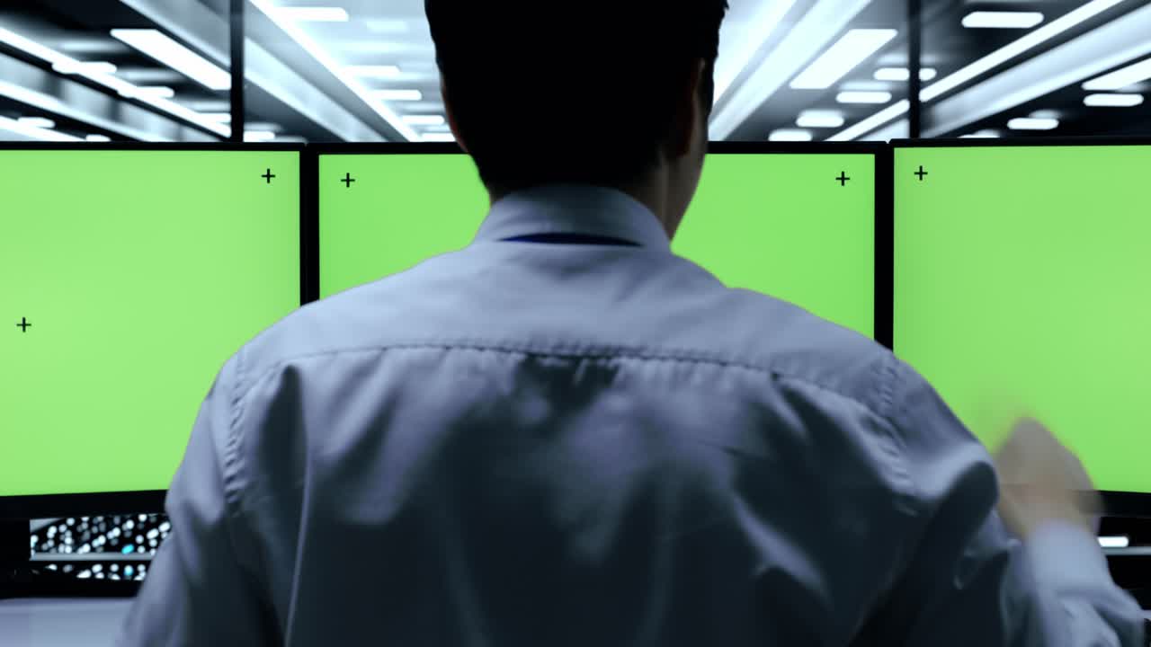 녹색 스크린을 가진 서버 에 있는 사업가