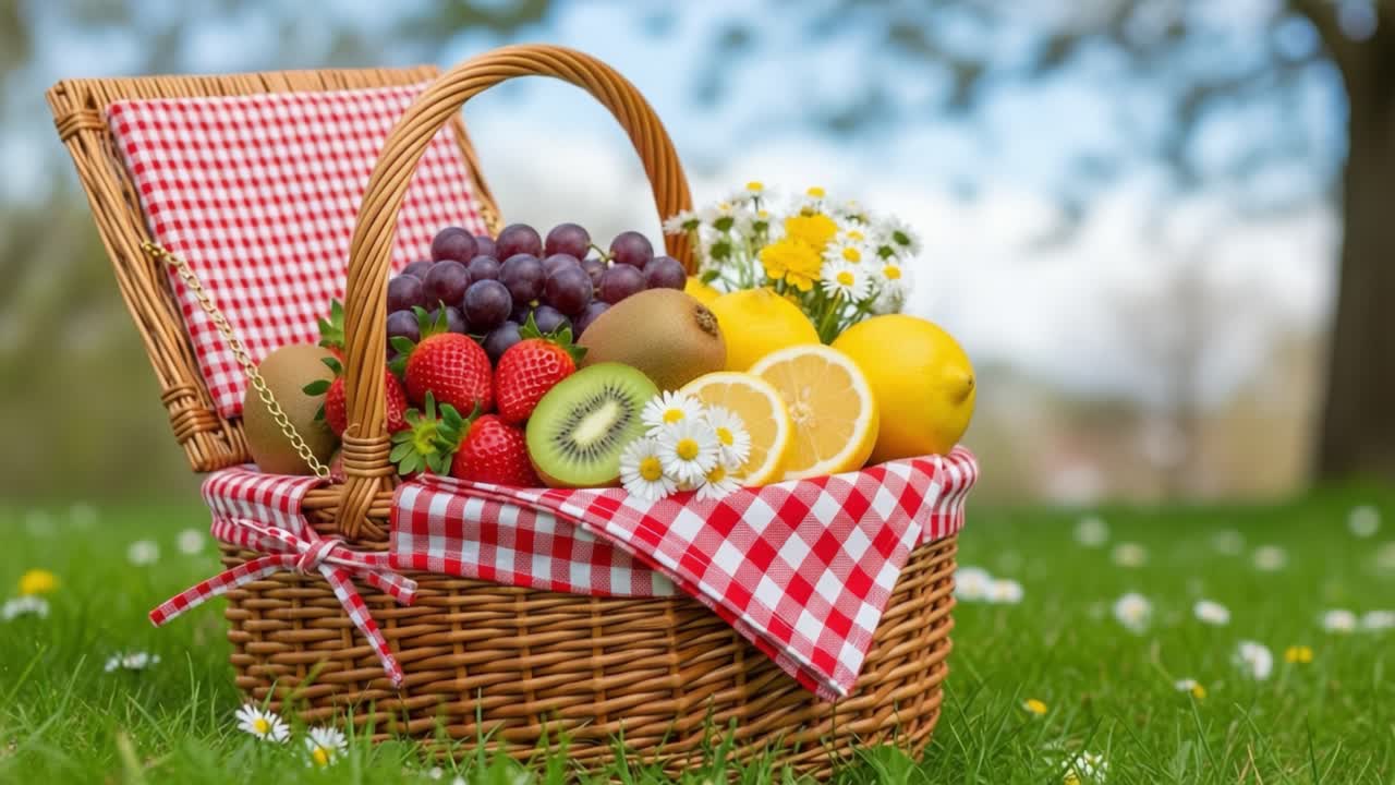 A Beautiful Picnic Basket Brimming with Fresh Fruits, Colorful Berries, and Delightful Flowers Set Against a Lush Green Backdrop, Perfect for Outdoor Gatherings