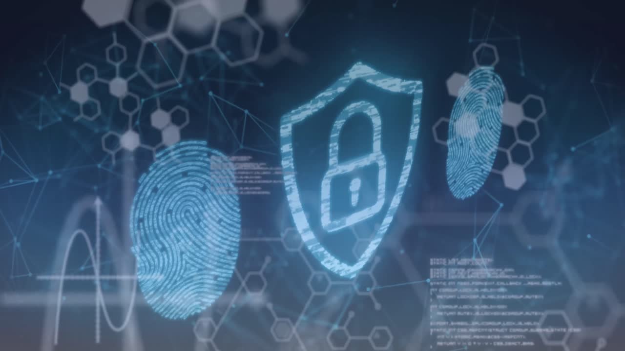 animación del candado, huella digital biométrica, conexiones y procesamiento de datos.