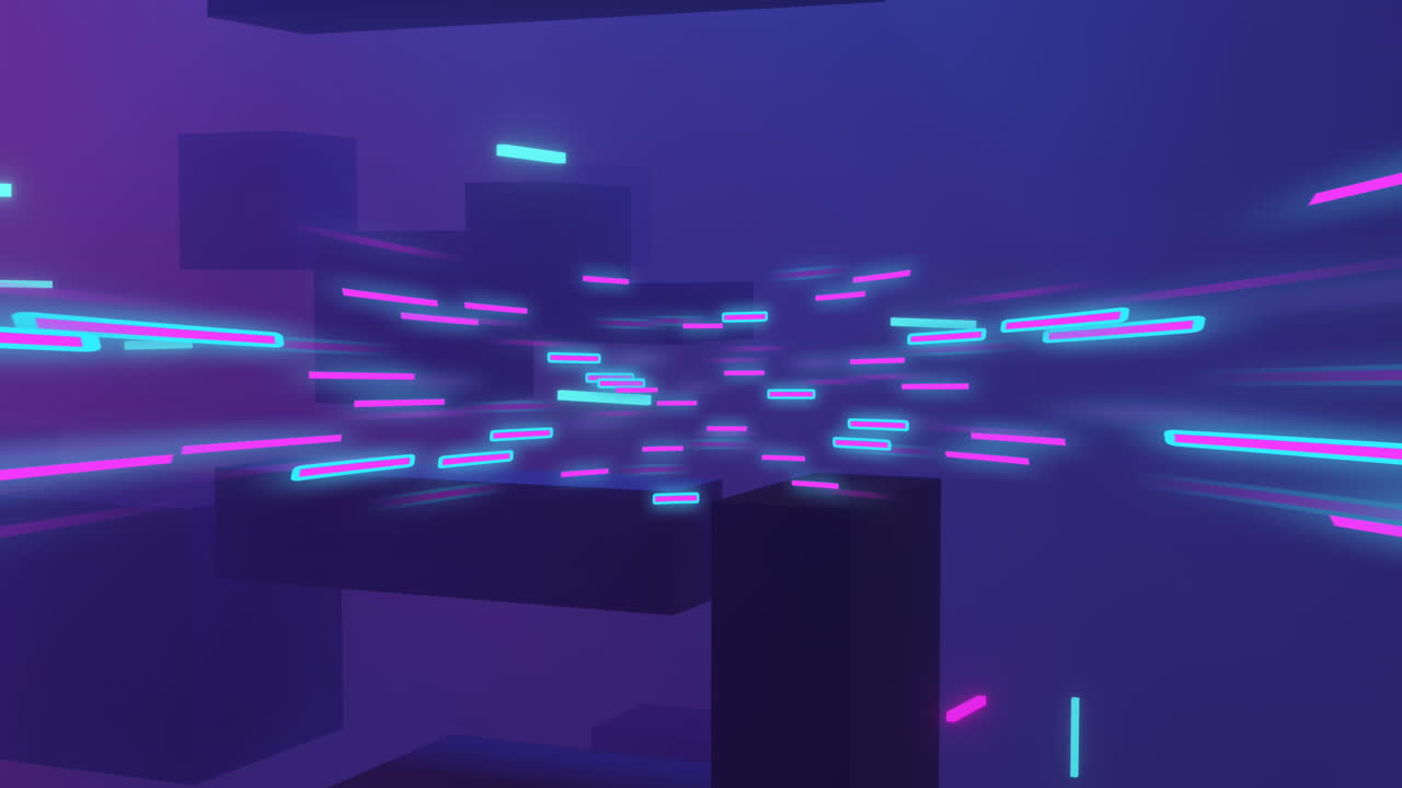 Animation of light trails and abstract shapes moving on purple background