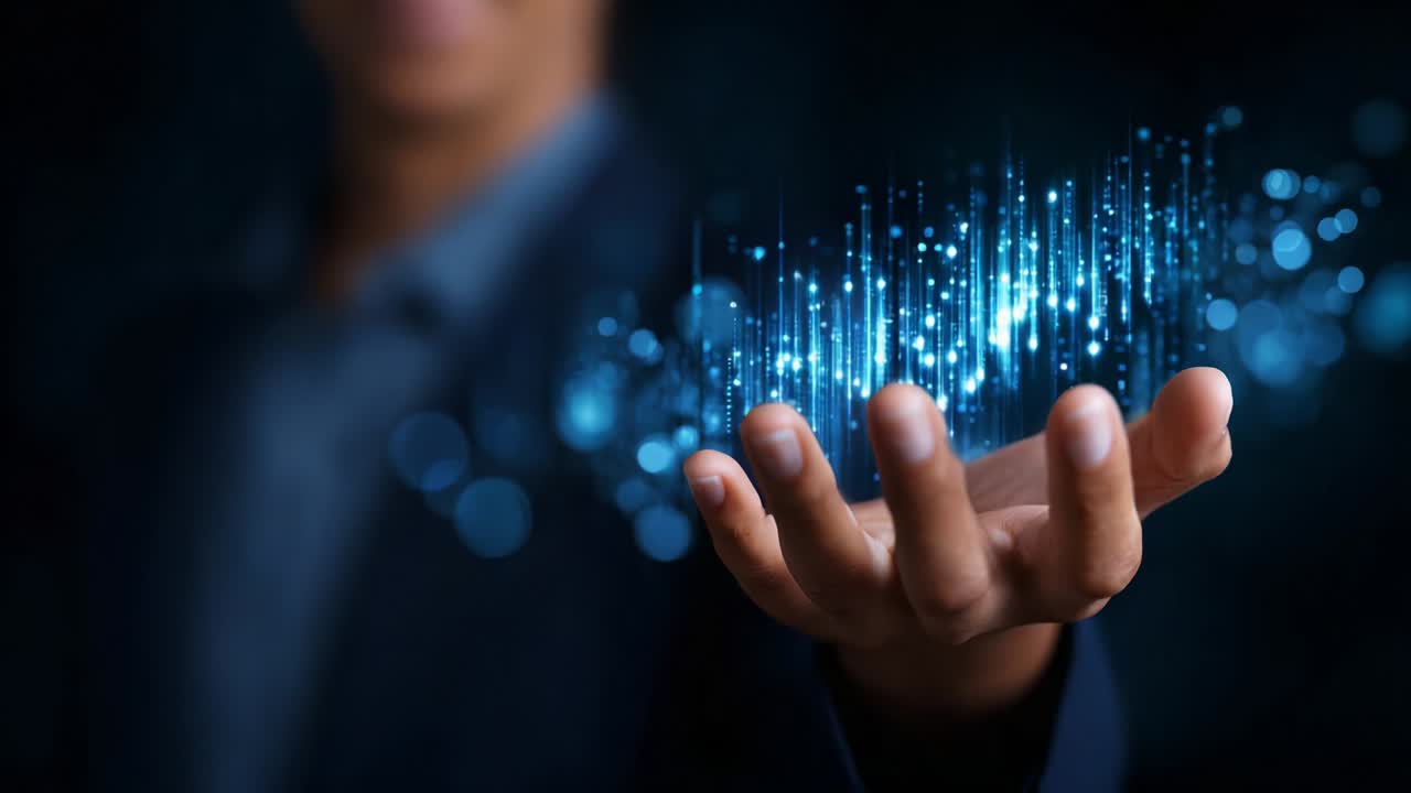 A Mysterious Energetic Force Manifesting in the Palm of a Hand, Surrounded by Whispers of Light and Sounds, Symbolizing Innovation and the Power of Digital Connectivity in an Enigmatic Atmosphere