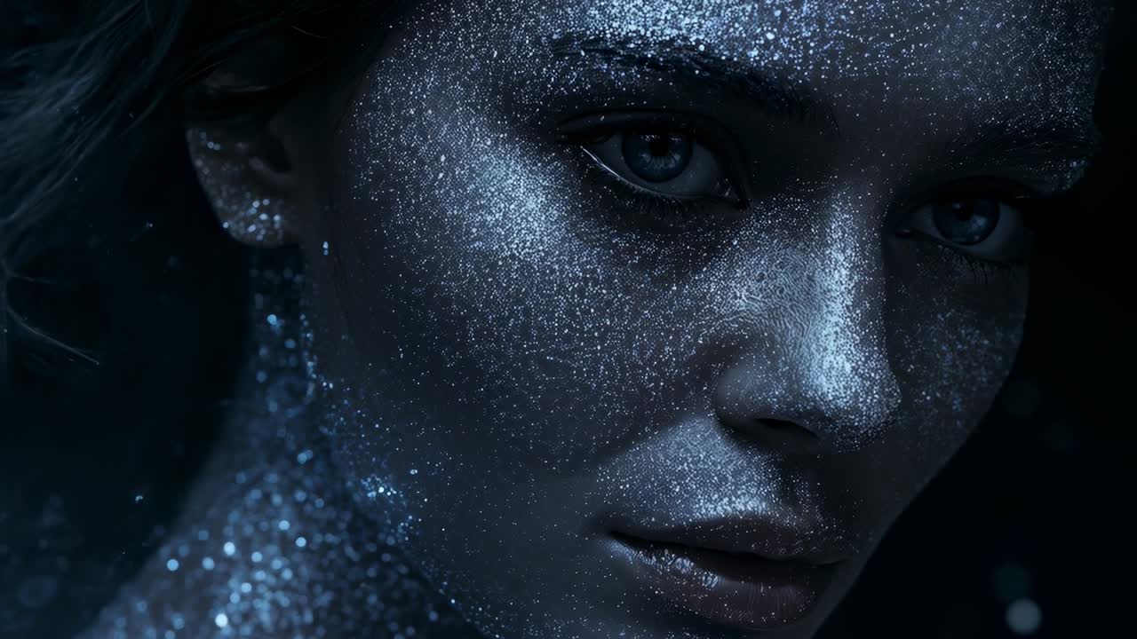 Tightening lens, shifting light causing female model turning to camera in studio, showing glitter