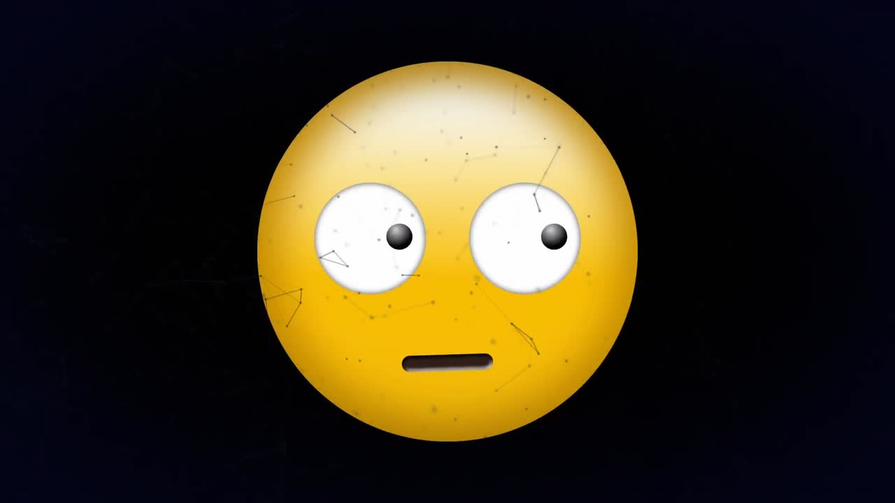 animación digital de una red de conexiones flotando sobre un emoji de cara confusa sobre un fondo negro