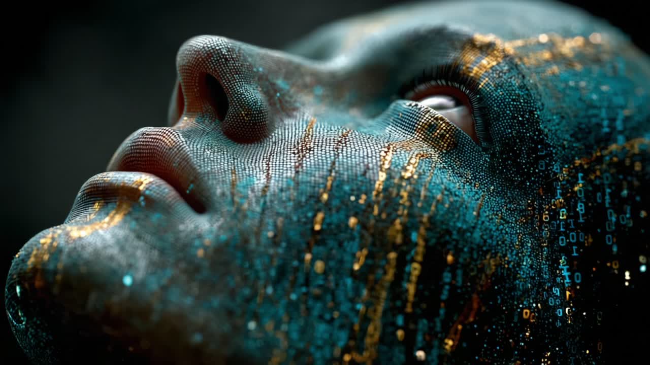 Abstract close up of a futuristic face made of tiny pixels dissolving into a stream of golden and teal binary code, symbolizing artificial intelligence, data processing, and virtual reality