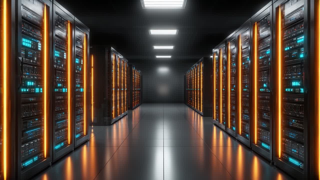 A High-Tech Data Center Featuring Rows of Server Racks with Illuminated Panels and an Advanced Networking Setup in a Modern Computing Environment